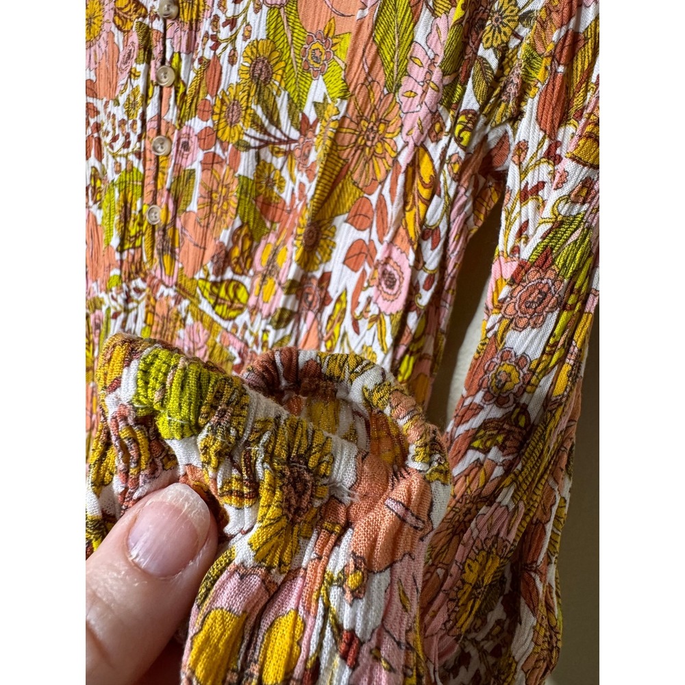 Retro 70s Boho Floral Mini Dress Smocked Waist Cottagecore Small - Picture 7 of 10